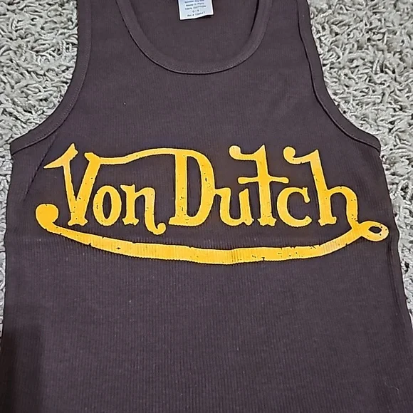 New Von Dutch Tank Brown Yellow Script Ribbed Stretch - Picture 4 of 6